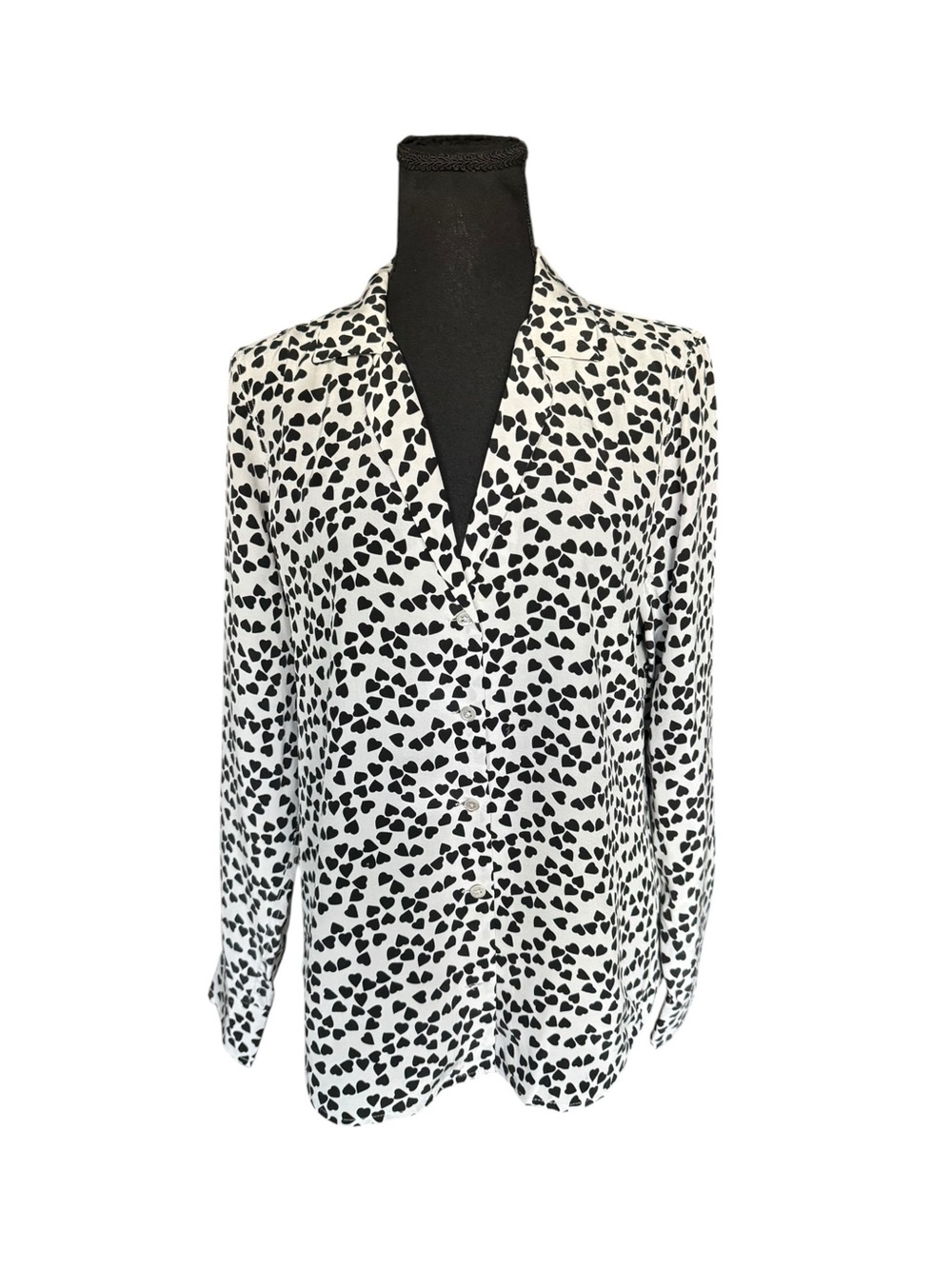 Equipment Femme 100% Silk Heart Print Button Down Blouse Black White M